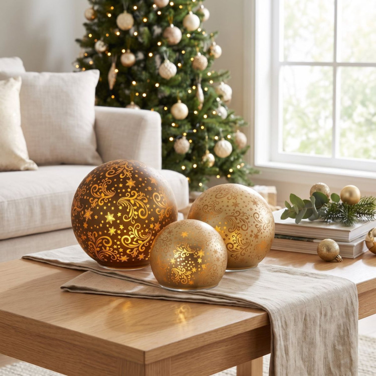Christabelle 3 Gold Glass Christmas LED Light Up Spheres Patterned Table Decor Xmas Ornaments Battery Operated image 6