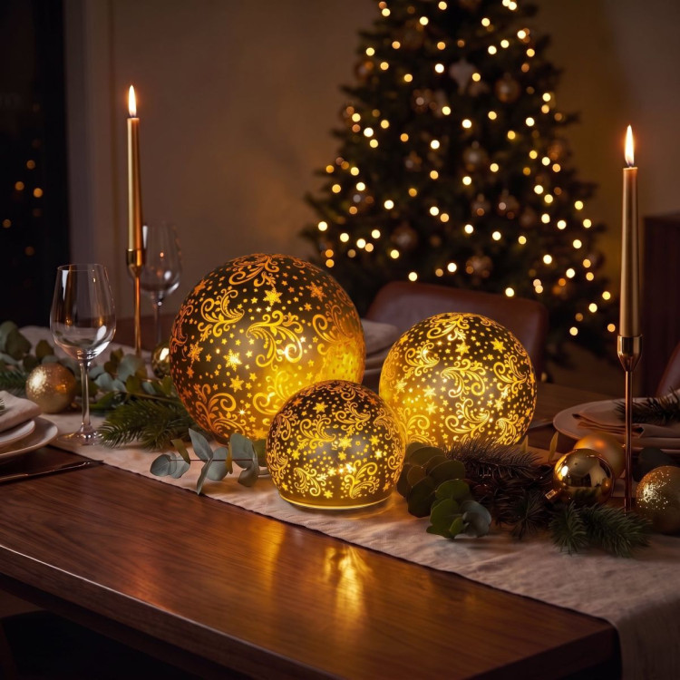 Christabelle 3 Gold Glass Christmas LED Light Up Spheres Patterned Table Decor Xmas Ornaments Battery Operated image 8