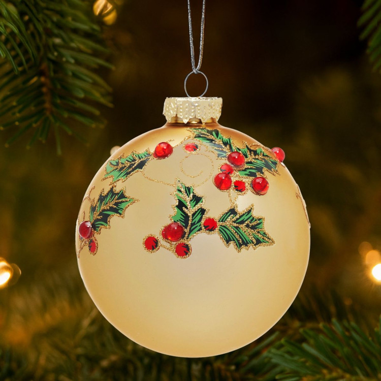 Christabelle Box of 6 Gold Glass Baubles with Holly Pattern and Jewels image 7