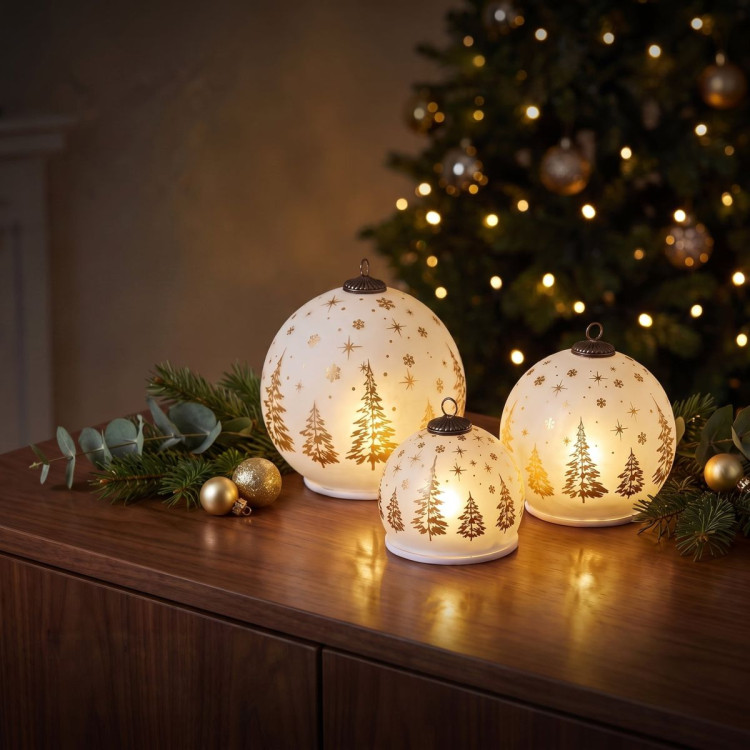 Christabelle 3 White Glass Christmas LED Light Up Spheres Gold Forest Table Decor Xmas Ornaments Battery Operated image 7