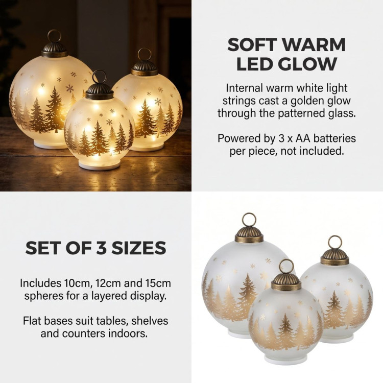 Christabelle 3 White Glass Christmas LED Light Up Spheres Gold Forest Table Decor Xmas Ornaments Battery Operated image 8