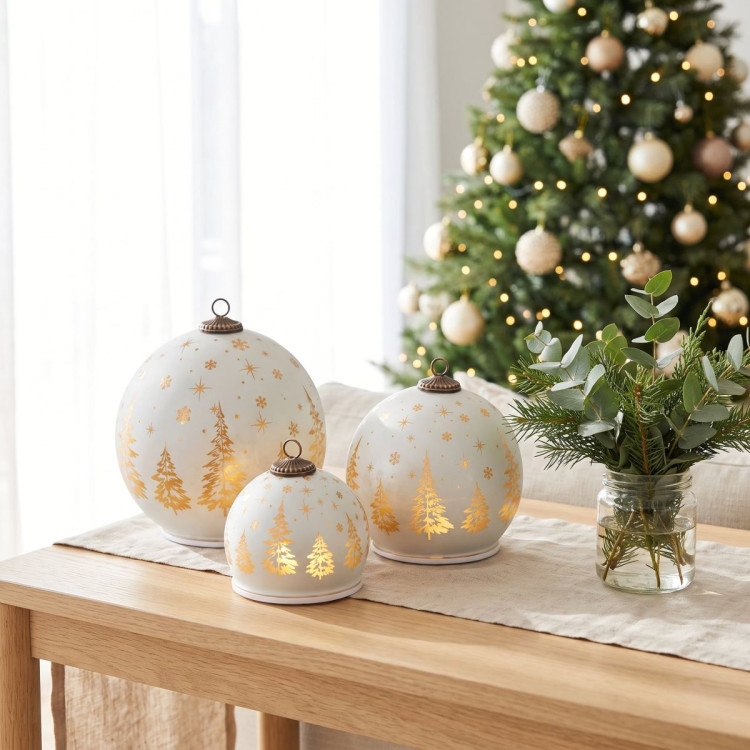 Christabelle 3 White Glass Christmas LED Light Up Spheres Gold Forest Table Decor Xmas Ornaments Battery Operated image 5