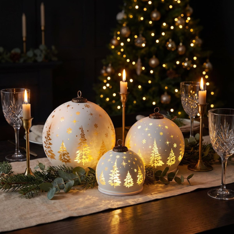 Christabelle 3 White Glass Christmas LED Light Up Spheres Gold Forest Table Decor Xmas Ornaments Battery Operated image 6