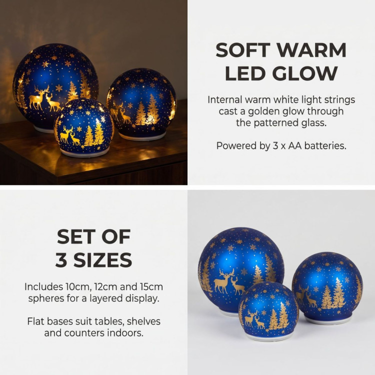 Christabelle 3 Royal Blue Glass Christmas LED Light Up Spheres Gold Forest Table Decor Xmas Ornaments Battery Operated image 4