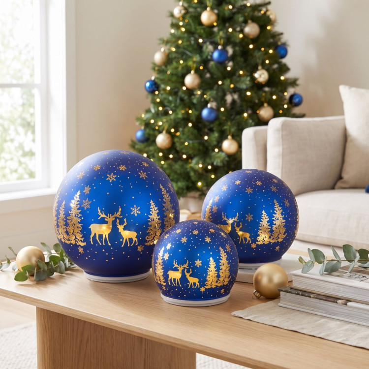 Christabelle 3 Royal Blue Glass Christmas LED Light Up Spheres Gold Forest Table Decor Xmas Ornaments Battery Operated image 6