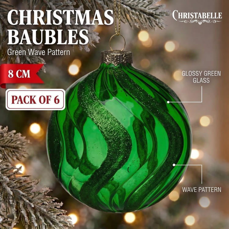 Christabelle 6 Green Glass Christmas Baubles Shimmer Wave 8cm Xmas Tree Decorations Hanging Ornaments Gift Boxed Set image 10