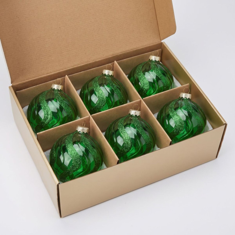 Christabelle 6 Green Glass Christmas Baubles Shimmer Wave 8cm Xmas Tree Decorations Hanging Ornaments Gift Boxed Set image 4