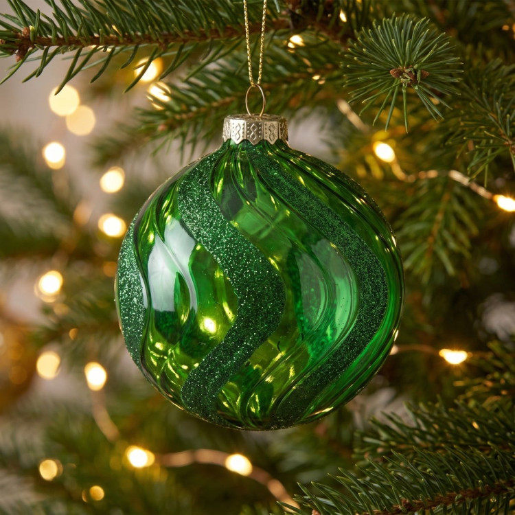 Christabelle 6 Green Glass Christmas Baubles Shimmer Wave 8cm Xmas Tree Decorations Hanging Ornaments Gift Boxed Set image 8