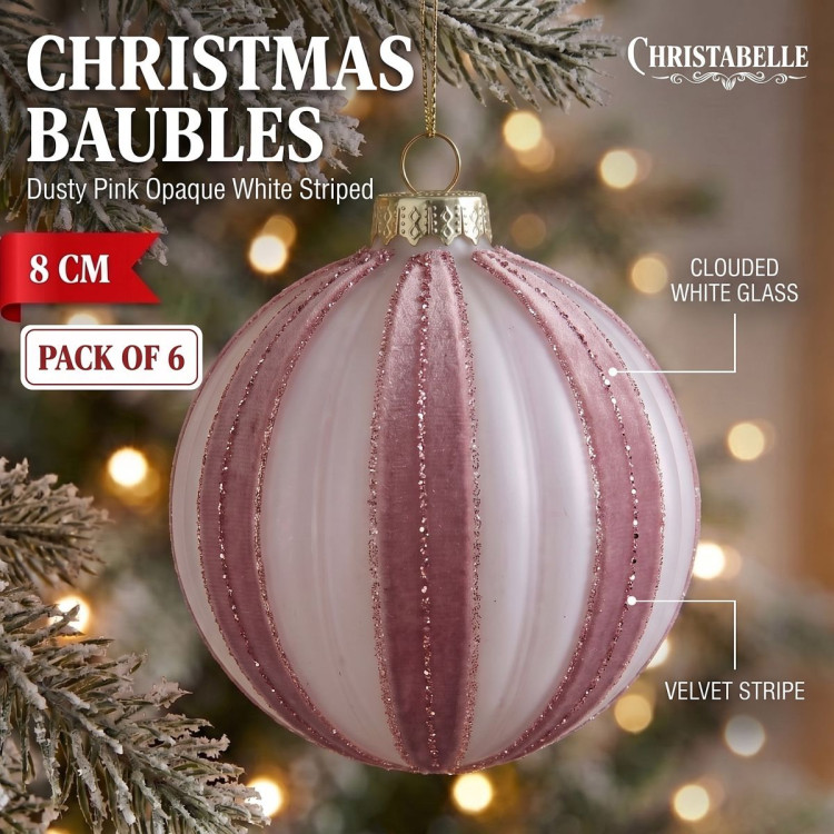 Christabelle 6 Dusty Pink Glass Christmas Baubles White Striped 8cm Xmas Tree Decorations Hanging Ornaments image 3
