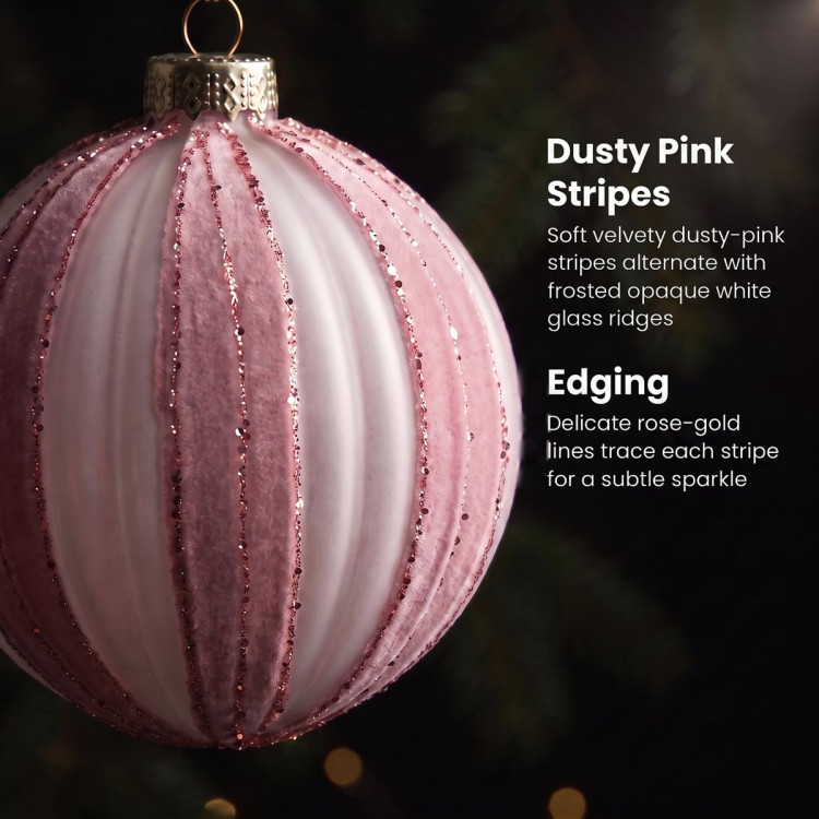 Christabelle 6 Dusty Pink Glass Christmas Baubles White Striped 8cm Xmas Tree Decorations Hanging Ornaments image 9
