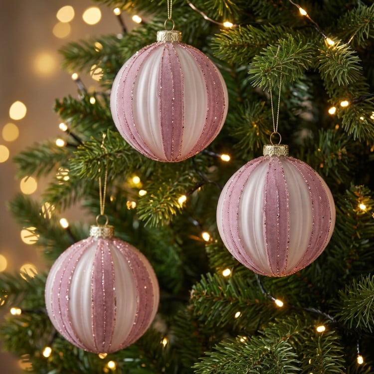 Christabelle 6 Dusty Pink Glass Christmas Baubles White Striped 8cm Xmas Tree Decorations Hanging Ornaments image 4