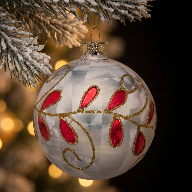 Christabelle 6 White Glass Christmas Baubles Red Jewel Leaf 8cm Xmas Tree Decorations Hanging Ornaments Gift Boxed Set image 5