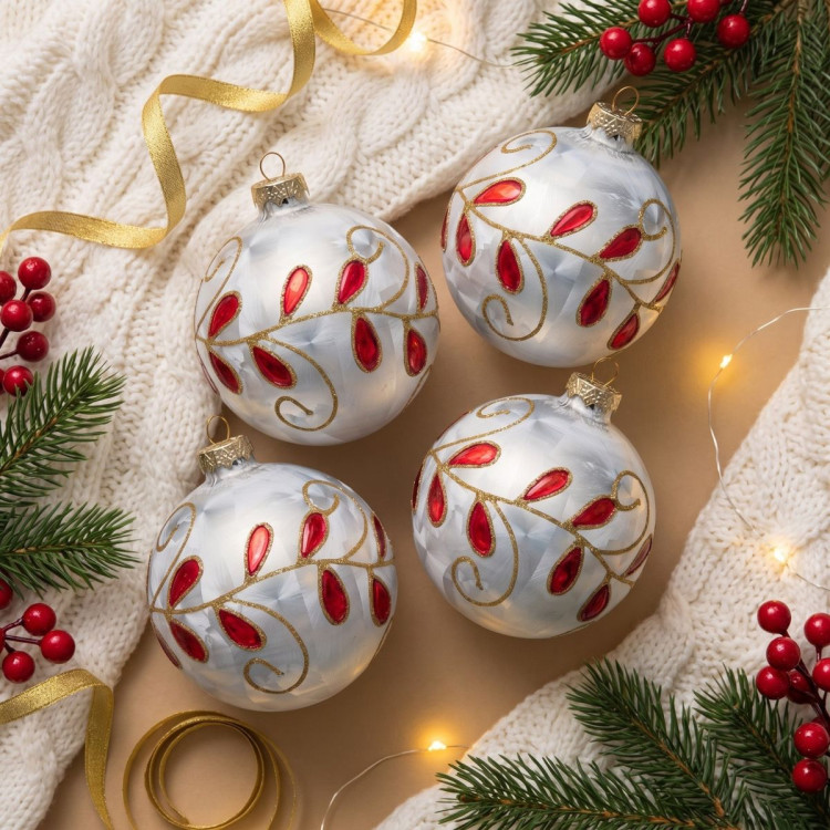 Christabelle 6 White Glass Christmas Baubles Red Jewel Leaf 8cm Xmas Tree Decorations Hanging Ornaments Gift Boxed Set image 6