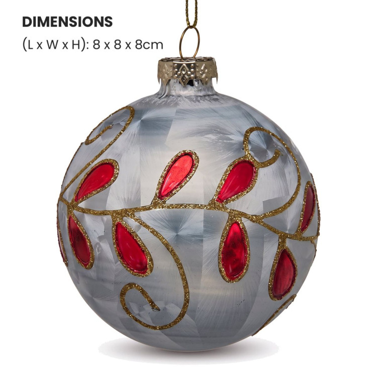 Christabelle 6 White Glass Christmas Baubles Red Jewel Leaf 8cm Xmas Tree Decorations Hanging Ornaments Gift Boxed Set image 4