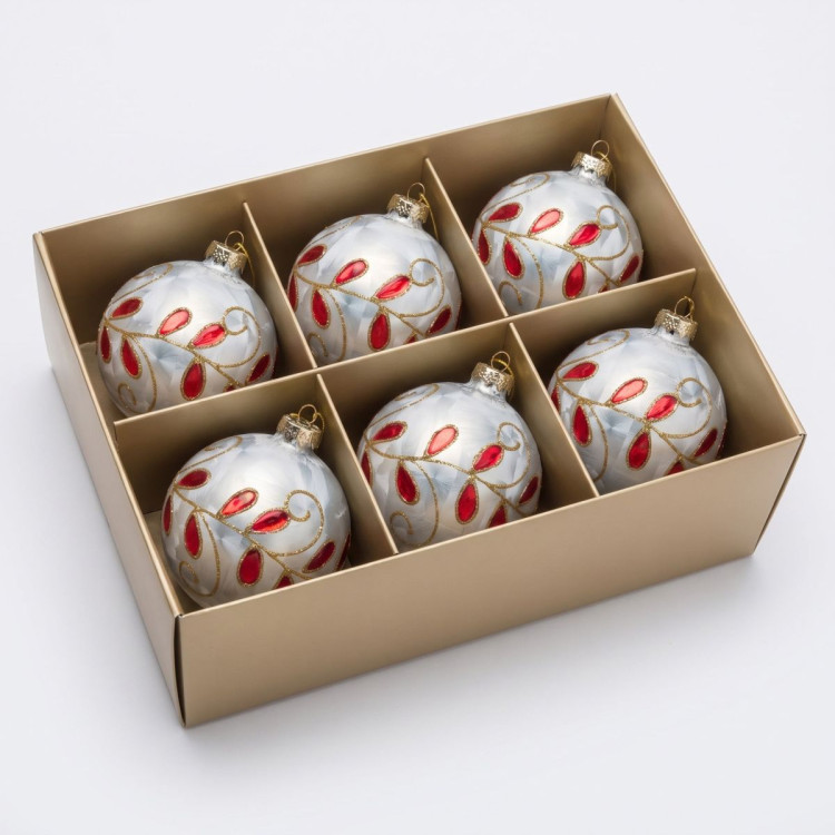 Christabelle 6 White Glass Christmas Baubles Red Jewel Leaf 8cm Xmas Tree Decorations Hanging Ornaments Gift Boxed Set image 10