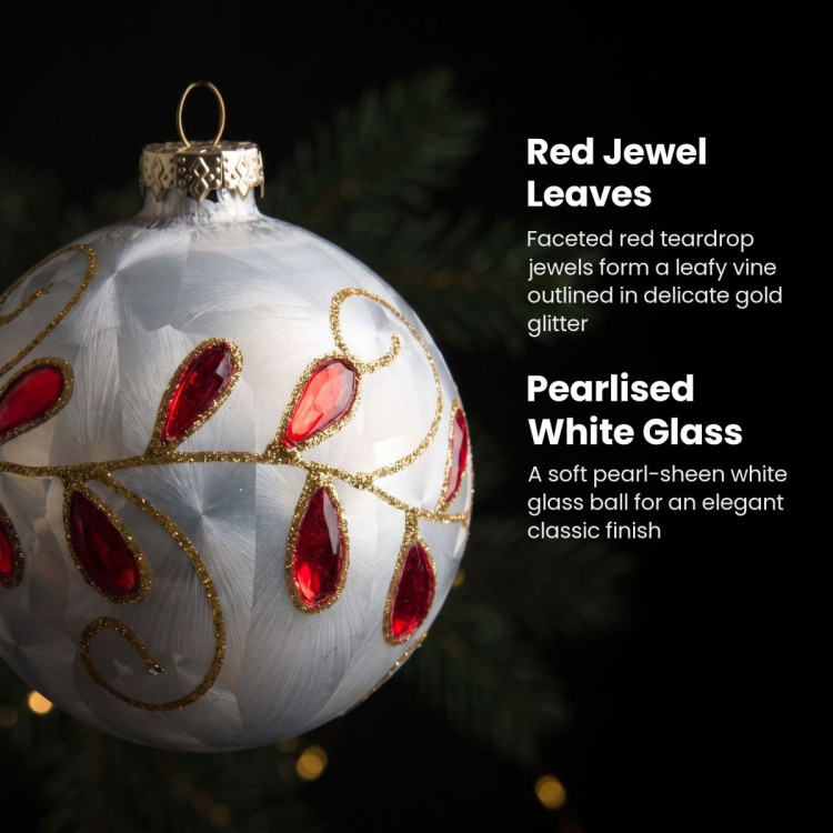 Christabelle 6 White Glass Christmas Baubles Red Jewel Leaf 8cm Xmas Tree Decorations Hanging Ornaments Gift Boxed Set image 9