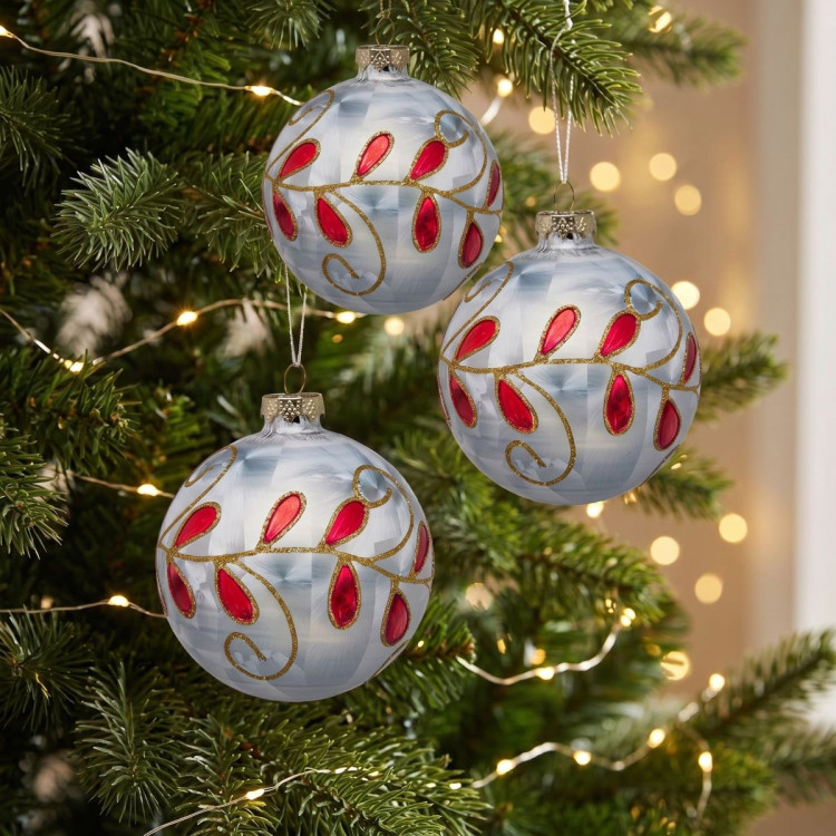 Christabelle 6 White Glass Christmas Baubles Red Jewel Leaf 8cm Xmas Tree Decorations Hanging Ornaments Gift Boxed Set image 8