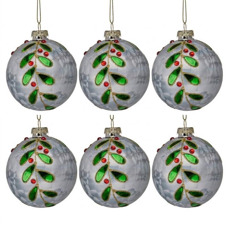 Christabelle 6 White Glass Christmas Baubles Green Jewel Leaf 8cm Xmas Tree Decorations Hanging Ornaments Gift Boxed Set