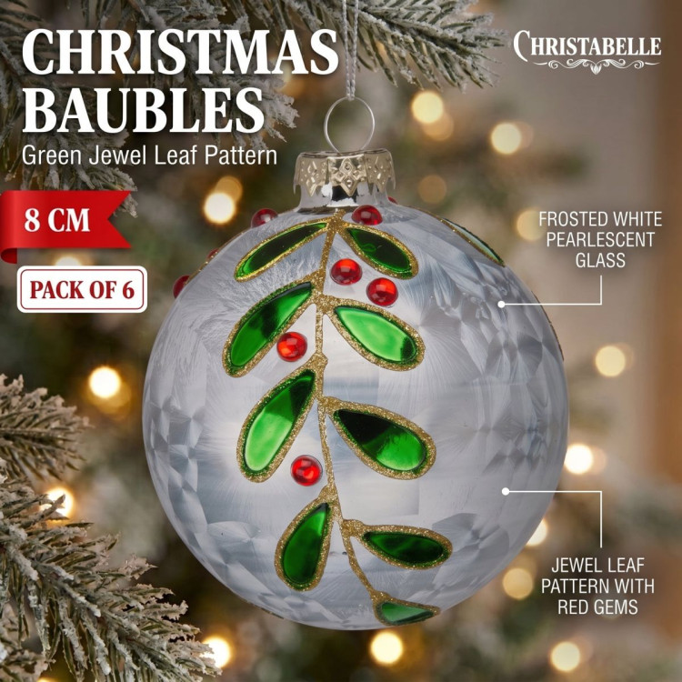Christabelle 6 White Glass Christmas Baubles Green Jewel Leaf 8cm Xmas Tree Decorations Hanging Ornaments Gift Boxed Set image 8