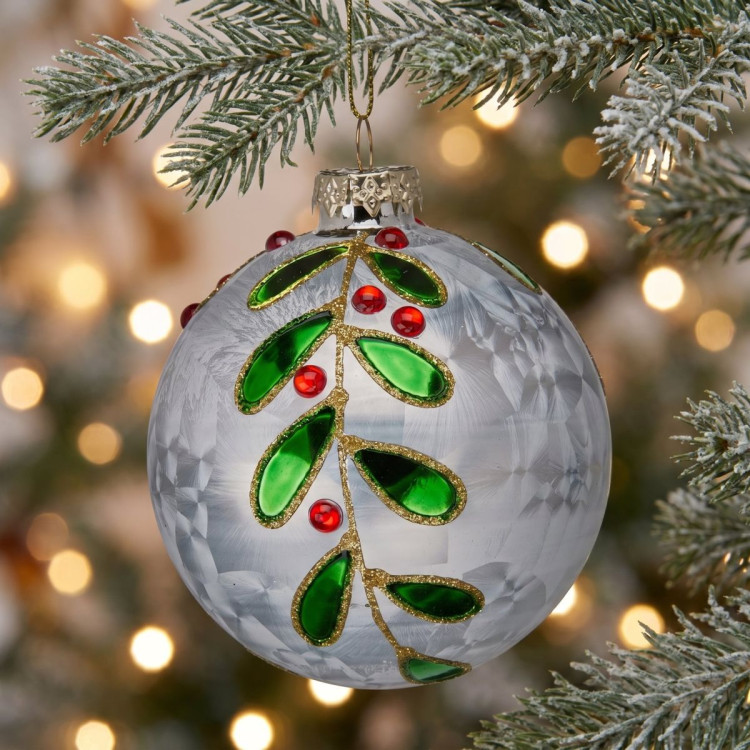 Christabelle 6 White Glass Christmas Baubles Green Jewel Leaf 8cm Xmas Tree Decorations Hanging Ornaments Gift Boxed Set image 7