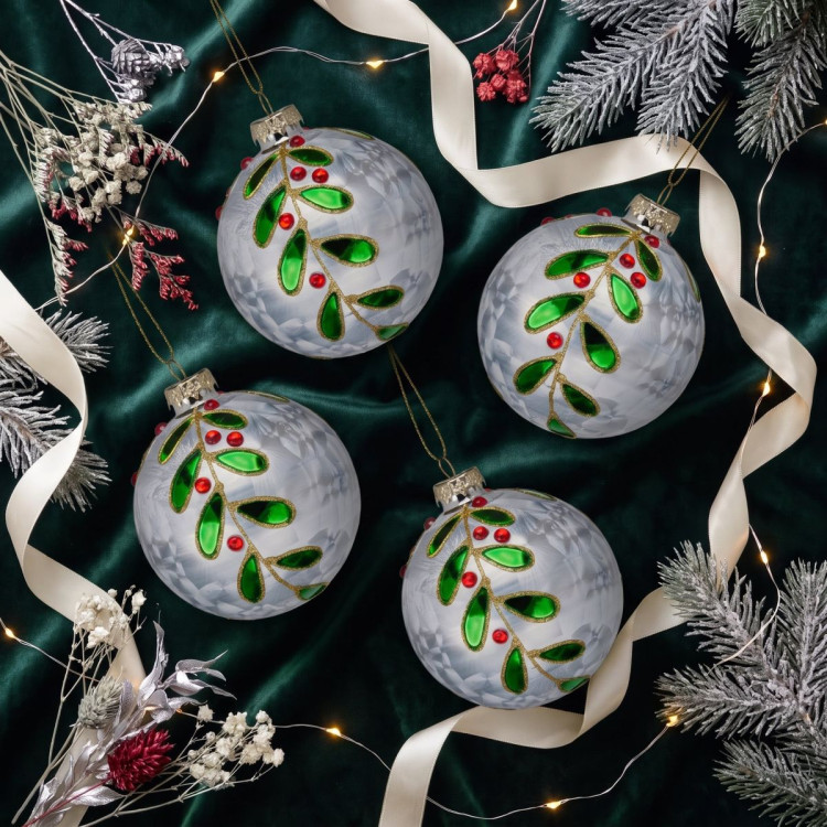Christabelle 6 White Glass Christmas Baubles Green Jewel Leaf 8cm Xmas Tree Decorations Hanging Ornaments Gift Boxed Set image 6