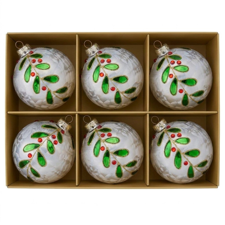 Christabelle 6 White Glass Christmas Baubles Green Jewel Leaf 8cm Xmas Tree Decorations Hanging Ornaments Gift Boxed Set image 4