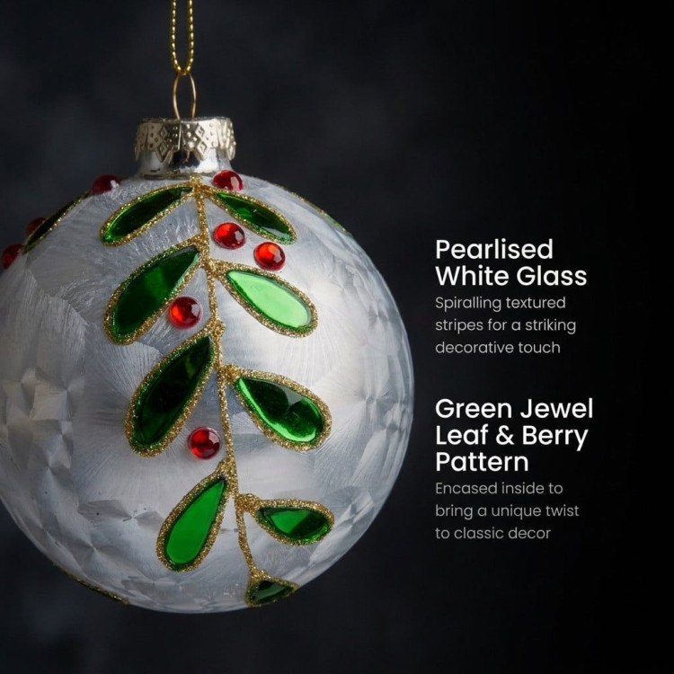 Christabelle 6 White Glass Christmas Baubles Green Jewel Leaf 8cm Xmas Tree Decorations Hanging Ornaments Gift Boxed Set image 5