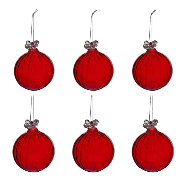 Christabelle 6 Red Glass Christmas Baubles Jewelled Top 8cm Xmas Tree Decorations Hanging Ornaments Gift Boxed Set image 3