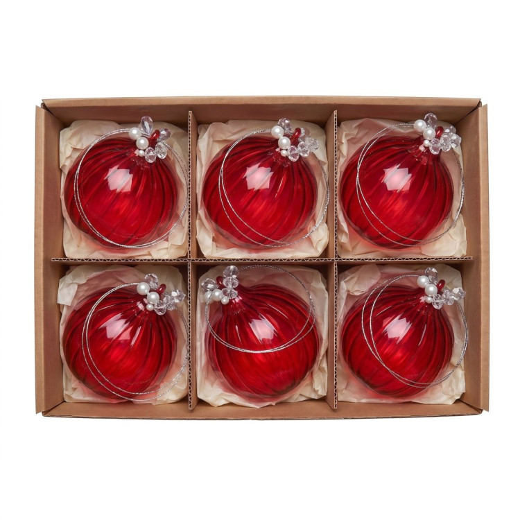 Christabelle 6 Red Glass Christmas Baubles Jewelled Top 8cm Xmas Tree Decorations Hanging Ornaments Gift Boxed Set image 7