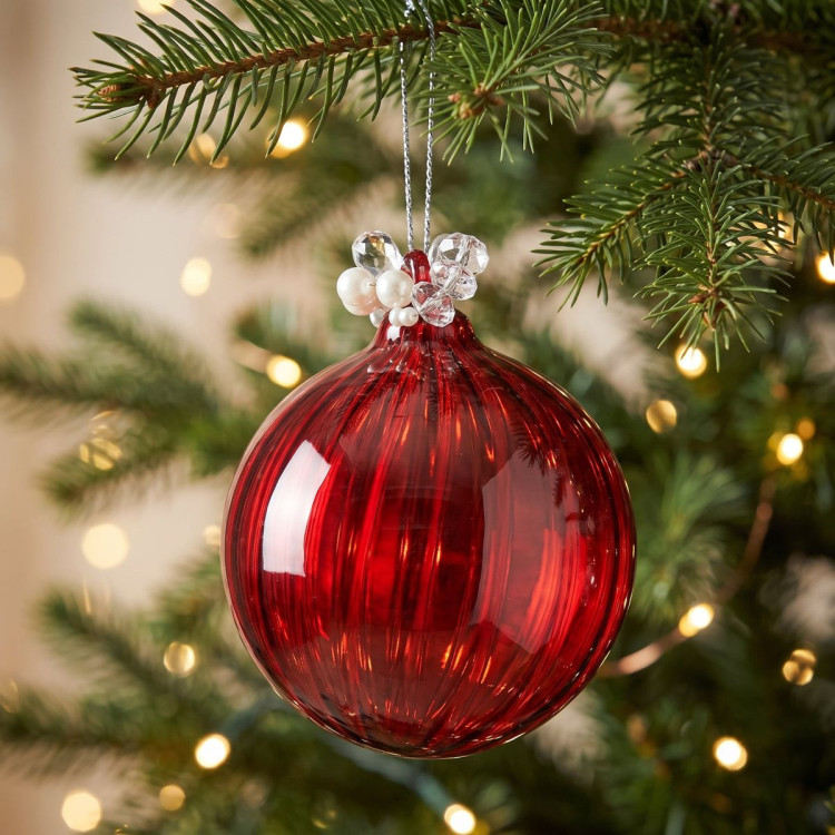 Christabelle 6 Red Glass Christmas Baubles Jewelled Top 8cm Xmas Tree Decorations Hanging Ornaments Gift Boxed Set image 8