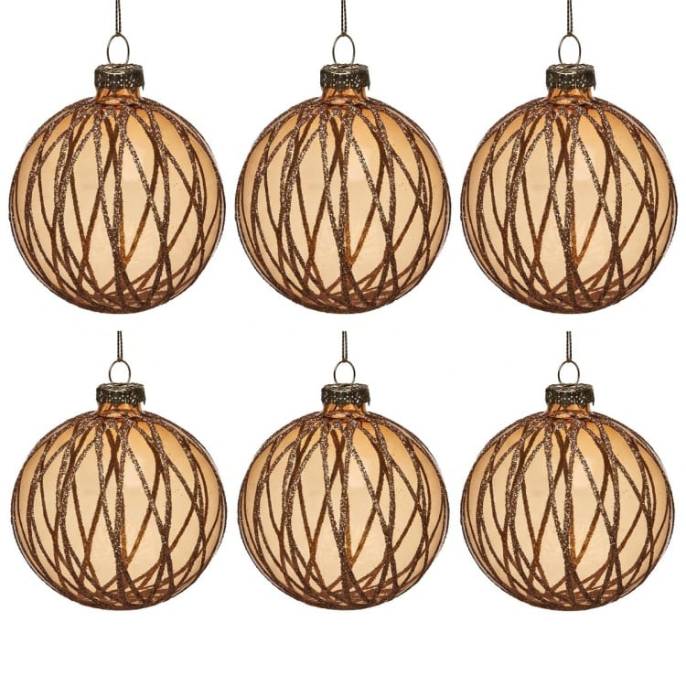 Christabelle 6 Gold Glass Christmas Baubles Shimmering Stripe Translucent 8cm Xmas Tree Decorations Hanging Ornaments