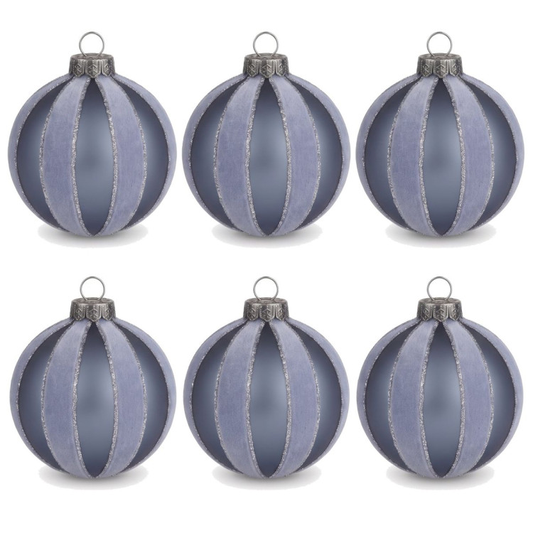 Christabelle 6 Grey Glass Christmas Baubles Velvet Stripe Silver Trim 8cm Xmas Tree Decorations Hanging Ornaments