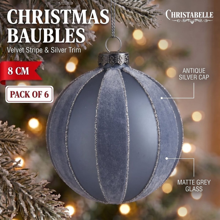 Christabelle 6 Grey Glass Christmas Baubles Velvet Stripe Silver Trim 8cm Xmas Tree Decorations Hanging Ornaments image 3