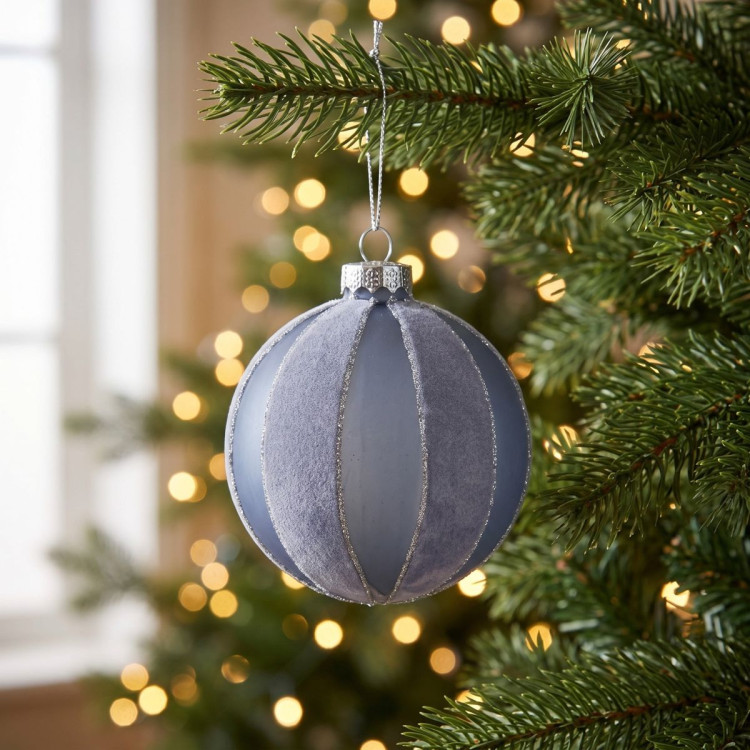 Christabelle 6 Grey Glass Christmas Baubles Velvet Stripe Silver Trim 8cm Xmas Tree Decorations Hanging Ornaments image 8