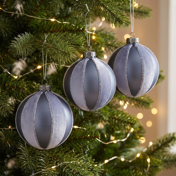 Christabelle 6 Grey Glass Christmas Baubles Velvet Stripe Silver Trim 8cm Xmas Tree Decorations Hanging Ornaments image 9