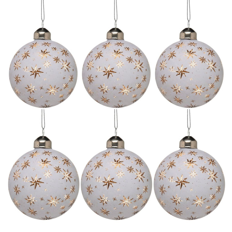 Christabelle 6 White Glass Christmas Baubles Gold Star 8cm Xmas Tree Decorations Hanging Ornaments Gift Boxed Set