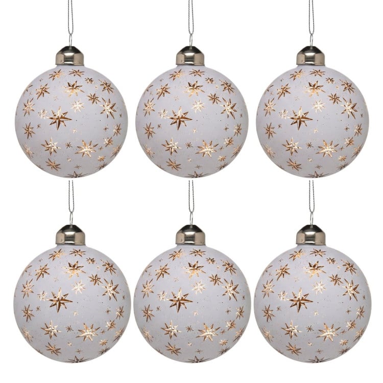 Christabelle 6 Large White Glass Christmas Baubles Gold Star 8cm Xmas Tree Decorations Hanging Ornaments Boxed Set
