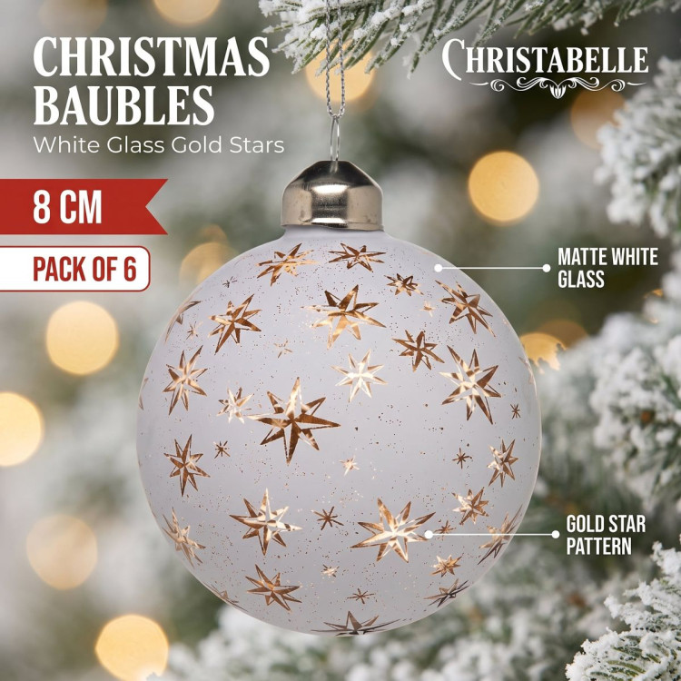Christabelle 6 White Glass Christmas Baubles Gold Star 8cm Xmas Tree Decorations Hanging Ornaments Gift Boxed Set image 3