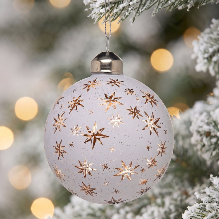 Christabelle 6 White Glass Christmas Baubles Gold Star 8cm Xmas Tree Decorations Hanging Ornaments Gift Boxed Set image 4