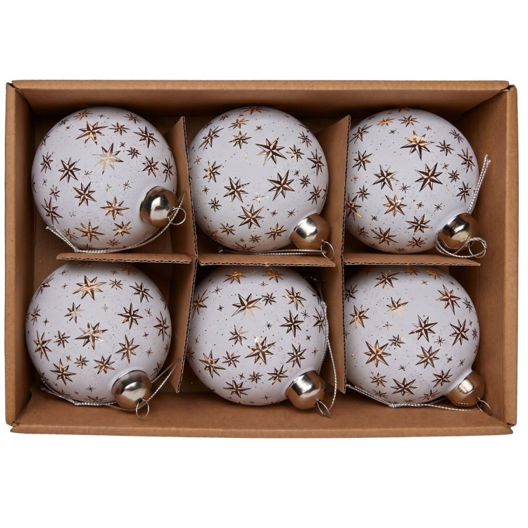 Christabelle 6 White Glass Christmas Baubles Gold Star 8cm Xmas Tree Decorations Hanging Ornaments Gift Boxed Set image 8