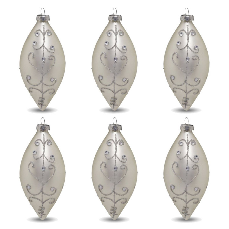 Christabelle 6 White Glass Christmas Teardrop Baubles Silver Jewel 13cm Xmas Tree Decorations Hanging Ornaments