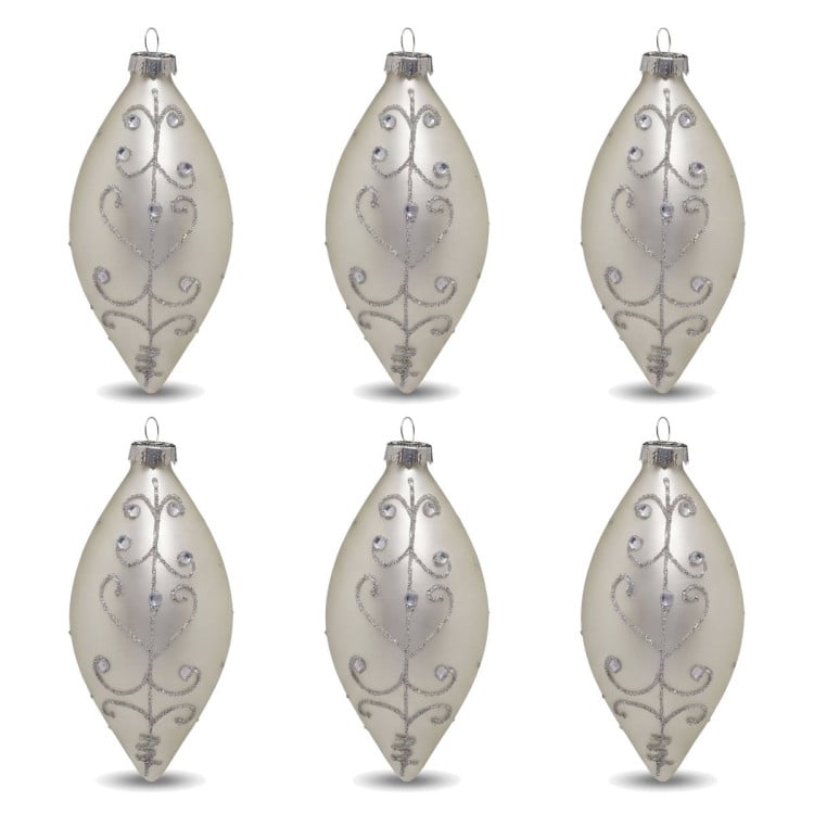 Christabelle 6 White Glass Christmas Teardrop Baubles Silver Jewel 13cm Xmas Tree Decorations Hanging Ornaments