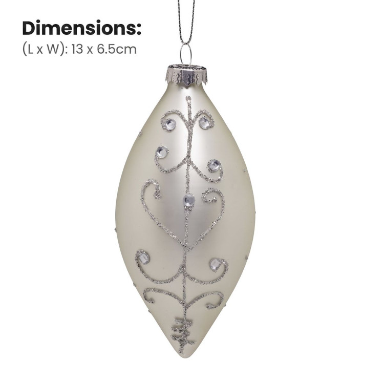 Christabelle 6 White Glass Christmas Teardrop Baubles Silver Jewel 13cm Xmas Tree Decorations Hanging Ornaments image 5