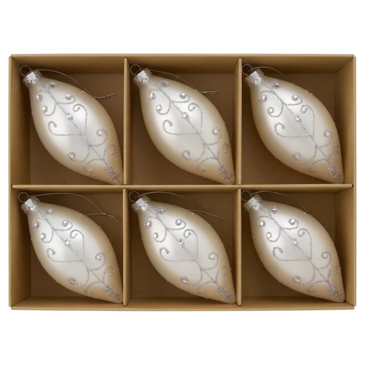 Christabelle 6 White Glass Christmas Teardrop Baubles Silver Jewel 13cm Xmas Tree Decorations Hanging Ornaments image 8