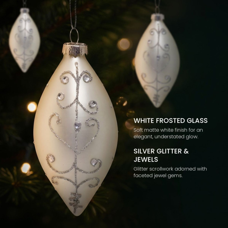 Christabelle 6 White Glass Christmas Teardrop Baubles Silver Jewel 13cm Xmas Tree Decorations Hanging Ornaments image 6