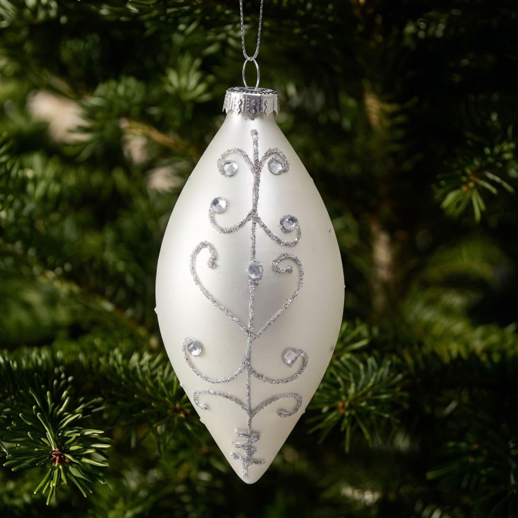 Christabelle 6 White Glass Christmas Teardrop Baubles Silver Jewel 13cm Xmas Tree Decorations Hanging Ornaments image 7