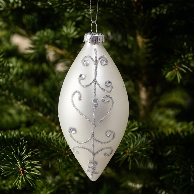 Christabelle 6 White Glass Christmas Teardrop Baubles Silver Jewel 13cm Xmas Tree Decorations Hanging Ornaments image 7