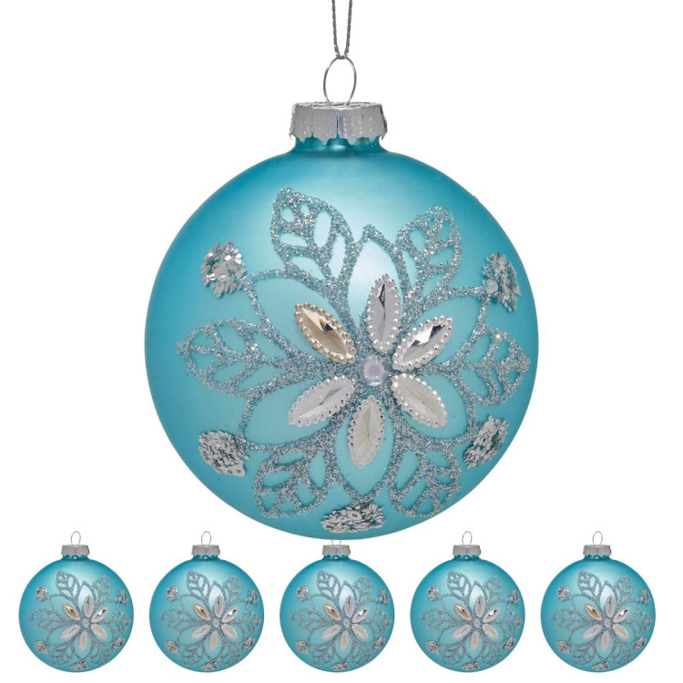 Christabelle Box of 6 Teal Glass Baubles with Snowflake Pattern & Central Jewel image 5