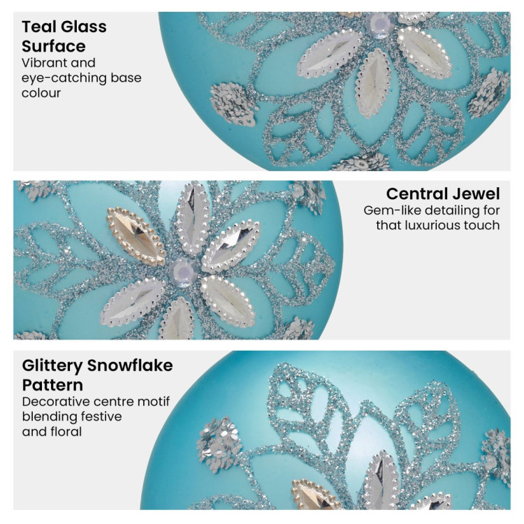 Christabelle Box of 6 Teal Glass Baubles with Snowflake Pattern & Central Jewel image 6
