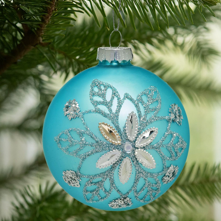 Christabelle Box of 6 Teal Glass Baubles with Snowflake Pattern & Central Jewel image 7